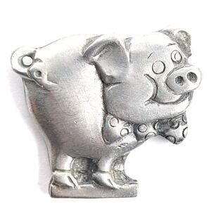 Pig Bow Tie Smiling Cartoon Animal Silver Tone Metal Lapel Pin